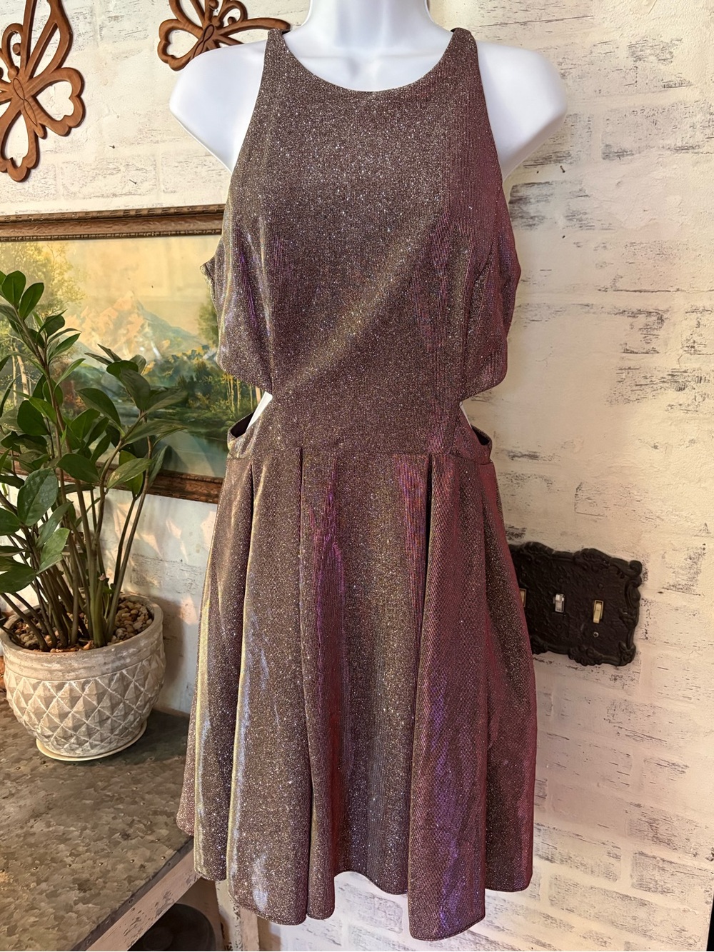 shimmering silver holographic dress with side cutout